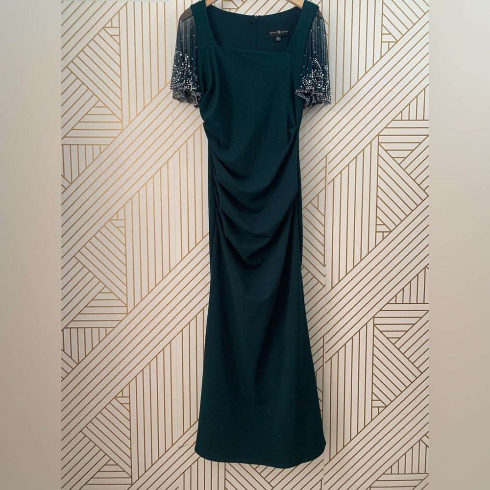 BETSY & ADAM Beaded Flutter-Sleeve Ruched Gown Square Neckline in Pine Green 8 - Picture 6 of 13